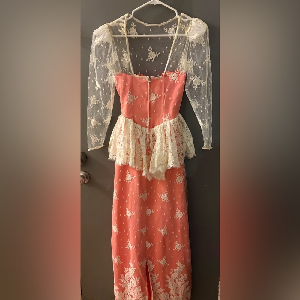 Vtg handmade  Pink and White maxi sweetheart neck Lace ruffle Dress - Picture 2 of 6
